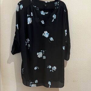 Worthington Black Blouse with Blue Floral Design